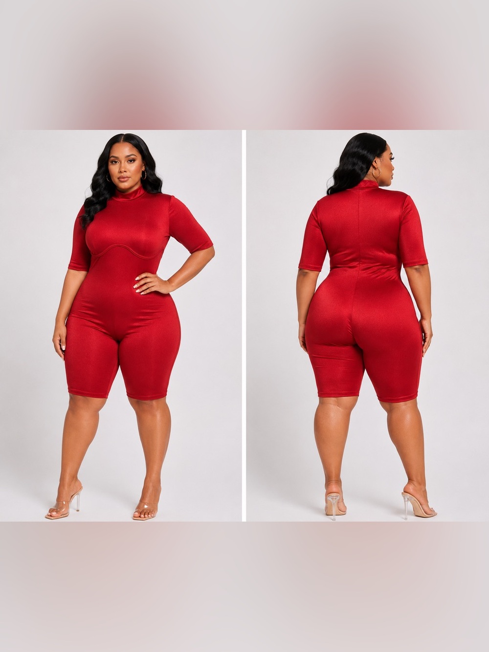 Plus size Red Stretch Mock Neck Romper